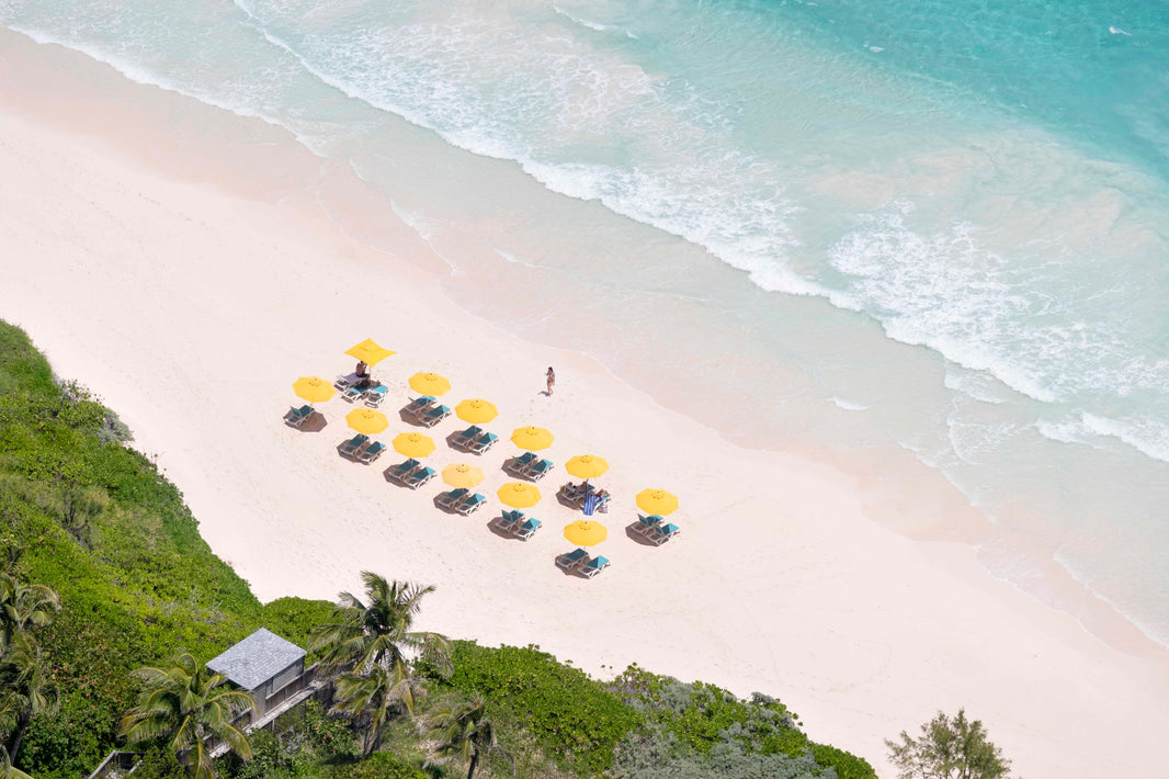 Photography by Gray Malin of Yellow Umbrellas, Valentines Resort, Harbour Island, Bahamas
