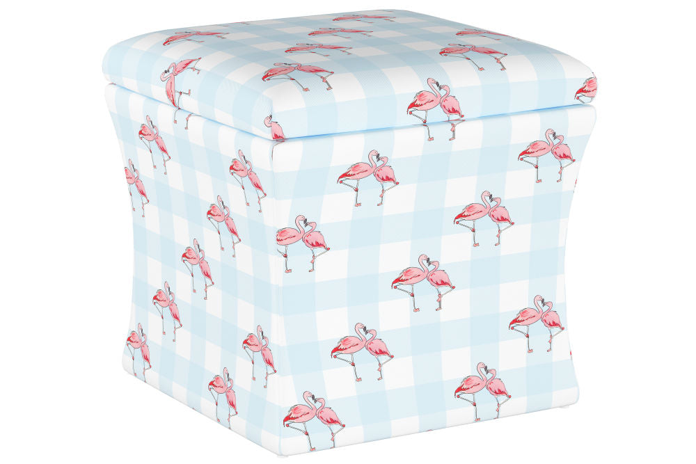 The Storage Ottoman, Flamingo Gingham Blue – Gray Malin