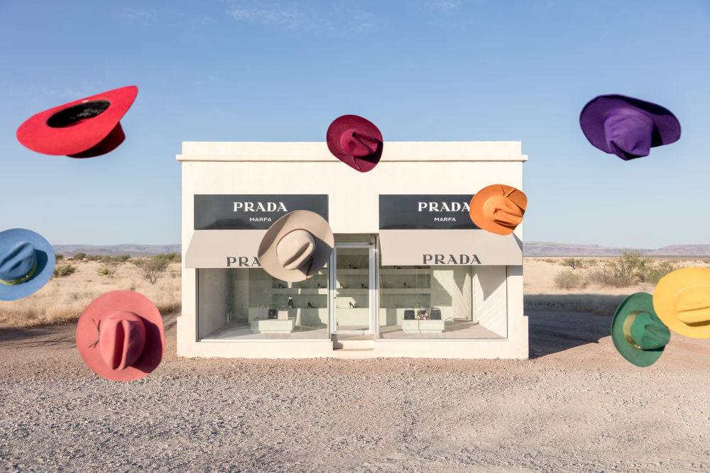 Photography by Gray Malin of Rainbow Cowboy Hats I, Prada Marfa