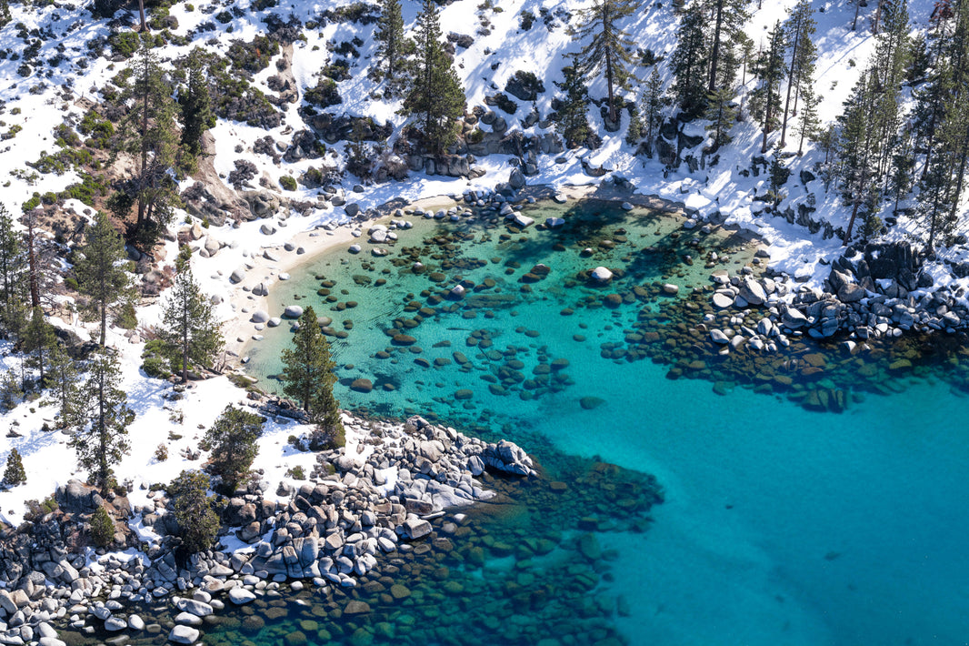 Photography by Gray Malin of Snowy Secret Cove, Lake Tahoe