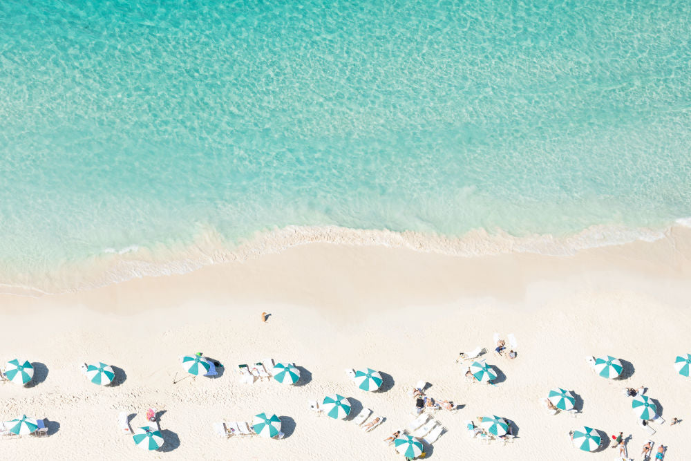 Photography by Gray Malin of Teal Umbrellas, Bahamas