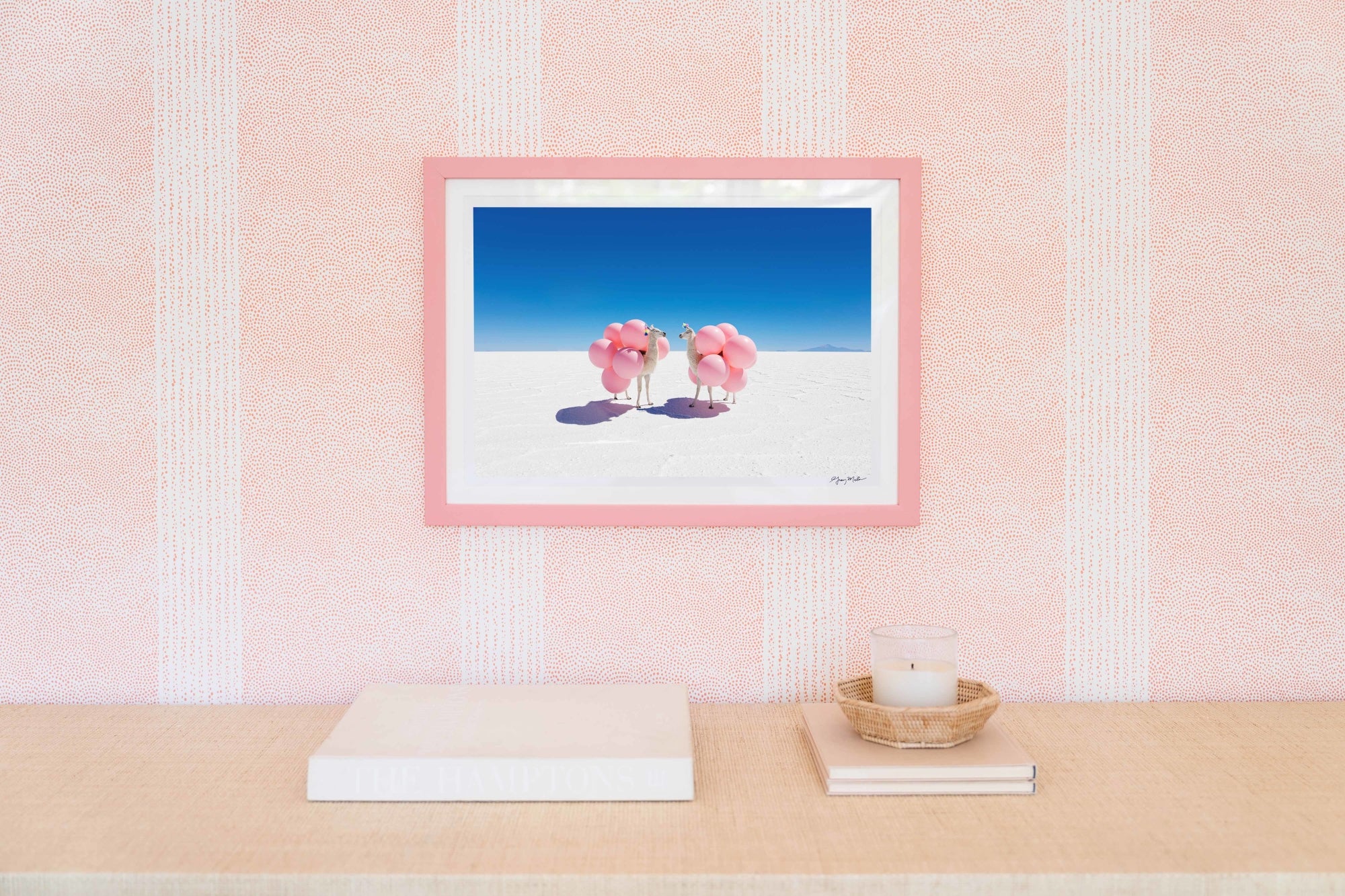 Two Llamas with Pink Balloons, Pink Frame