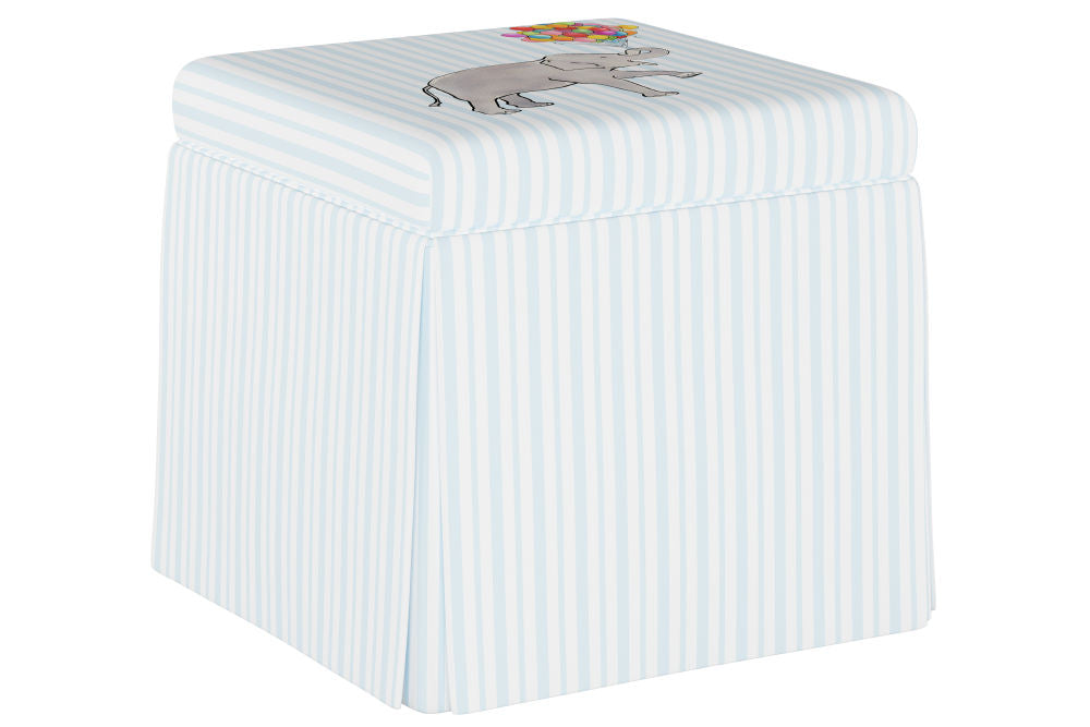 The Skirted Storage Ottoman, Elephant Stripe Blue