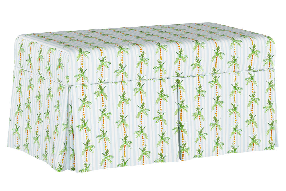 The Skirted Storage Bench, Palm Tree Stripe Blue