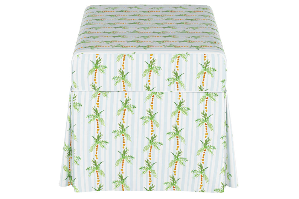 The Skirted Storage Bench, Palm Tree Stripe Blue