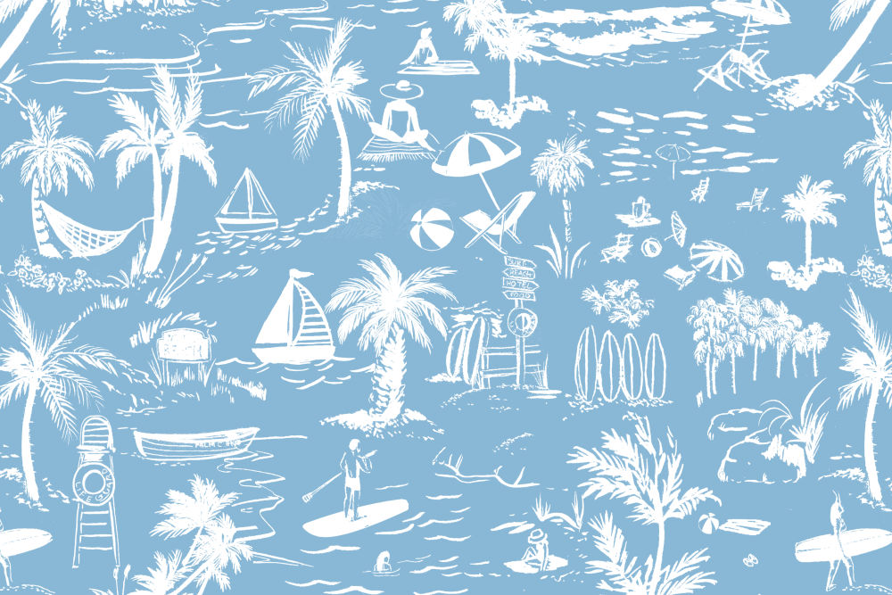 The Beach Toile Pillow, Blue