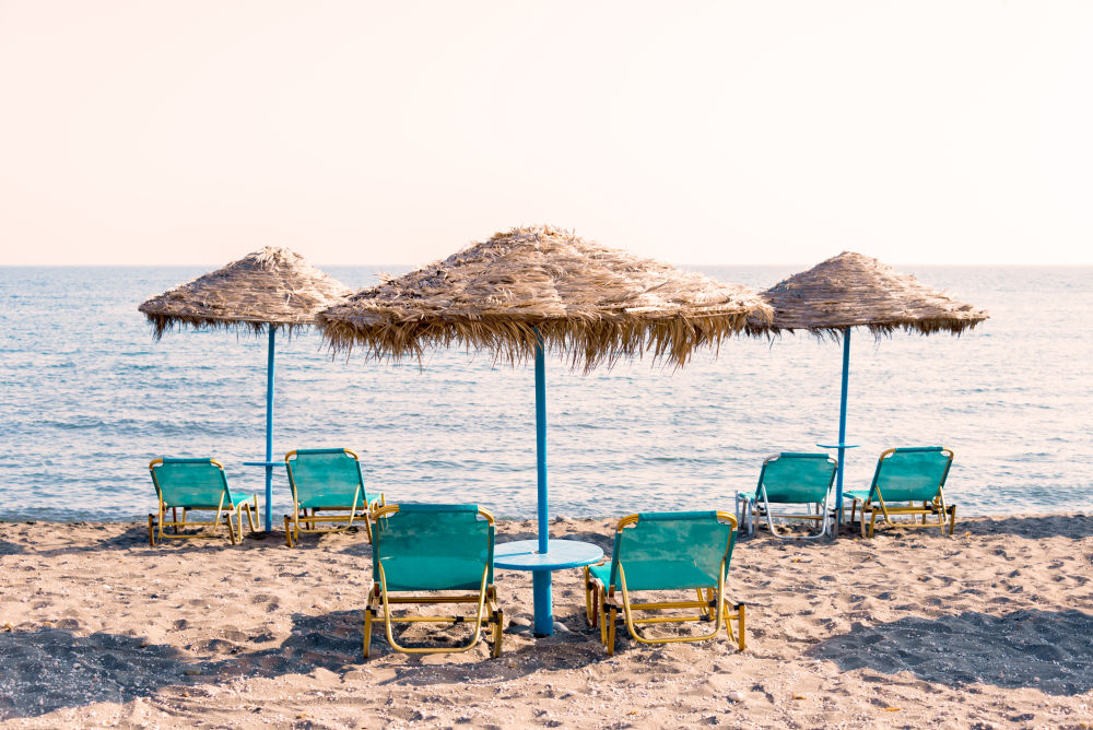 Three Beach Umbrellas, Santorini, Greece